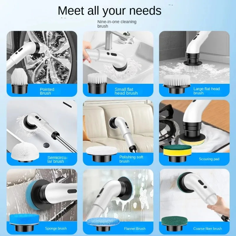 Easy Cleaning Bathroom and Kitchen with Nine in one Electric Cleaning Brush